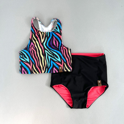 Kylie Swim High Waisted Bottoms - Electric Coral + Black