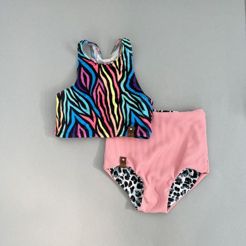 Kylie Swim High Waisted Bottoms - Leopard + Pink Rib